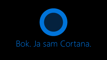 Ikona Cortana kao što se vidi na zaslonu uz riječi "Bok. Ja sam Cortana "ispod ikone.