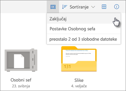 Snimka zaslona sa zaključavanjem osobnog sefa na servisu OneDrive