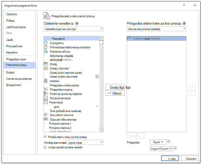 Word Options dialog box with the Quick Access Toolbar tab selected