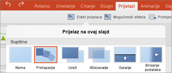 Prikazuje prijelaz Izobličenje na izborniku prijelaza u aplikaciji PowerPoint 2016 za iPad