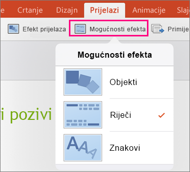 Prikazuje mogućnosti efekta za prijelaz Izobličenje u aplikaciji PowerPoint 2016 za iPad