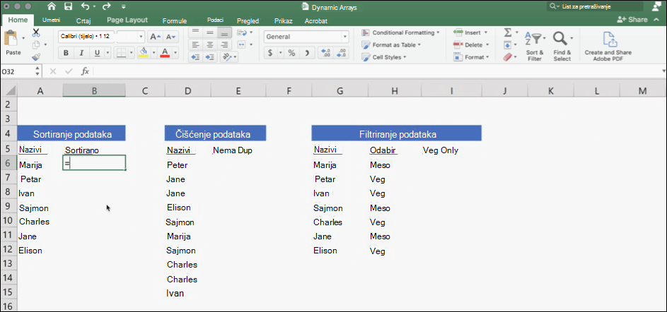 Snimka zaslona programa Excel s podacima koji koriste dinamična polja