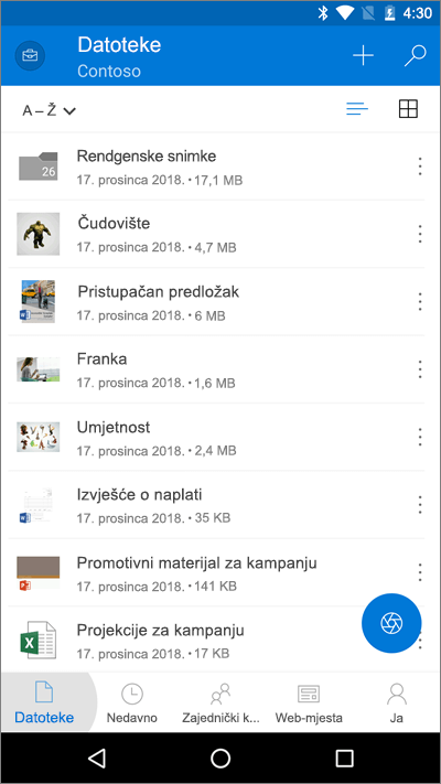 Snimka zaslona na kojoj se prikazuje mobilna aplikacija OneDrive s istaknutim gumbom Datoteke