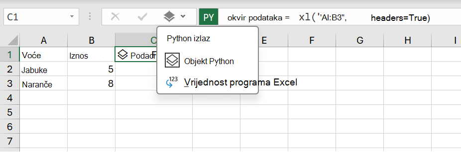 Izlazni izbornik Python u radnoj knjizi programa Excel.