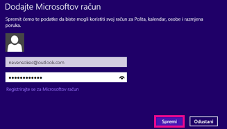 Pošta za Windows 8 – stranica Dodavanje Microsoftova računa