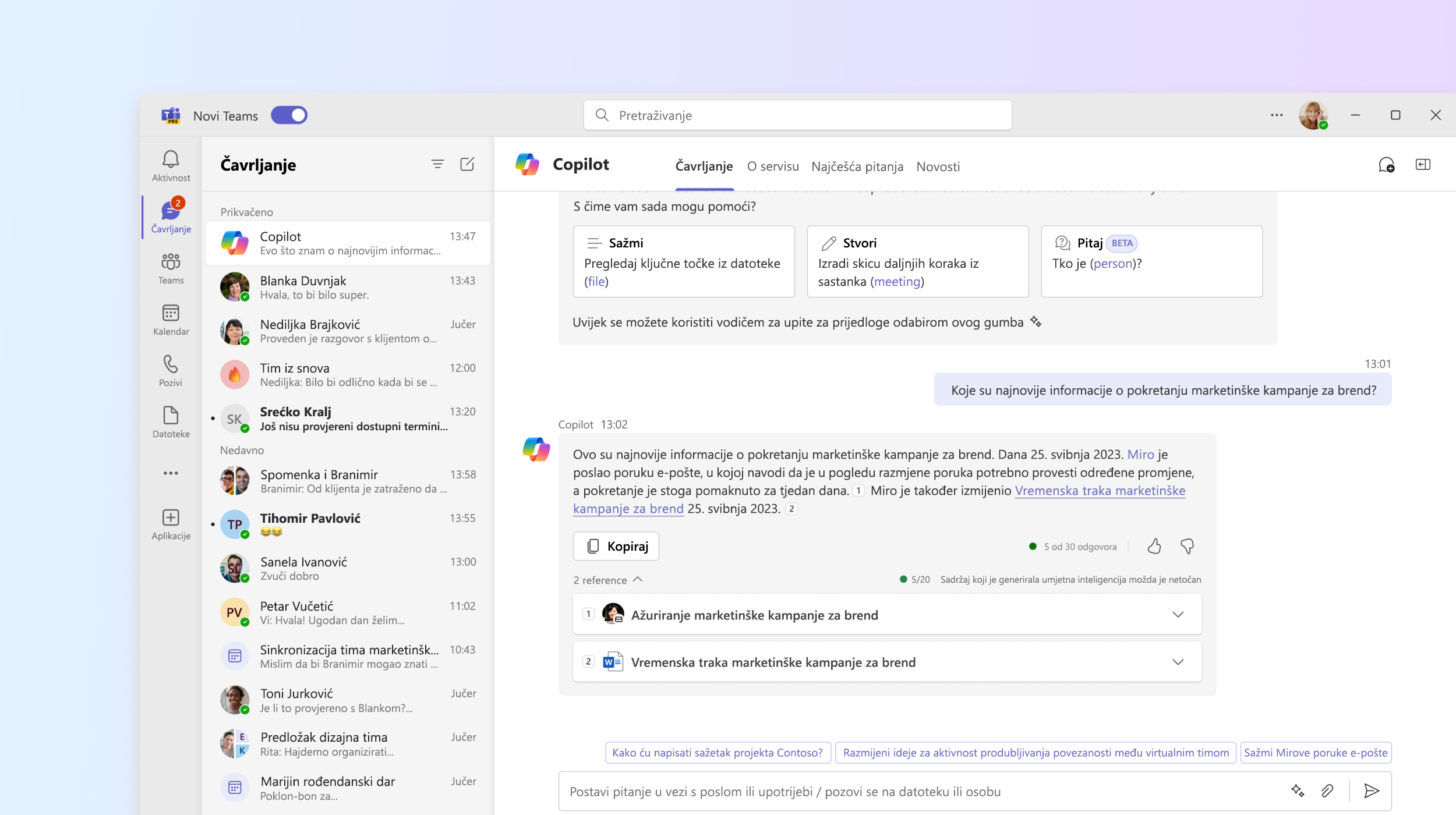 Snimka zaslona prikazuje Microsoft 365 Copilot u aplikaciji Teams.