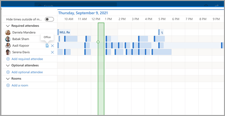 : Prikaz lokacije rada drugih korisnika u pomoćniku za planiranje rasporeda programa Outlook
