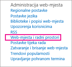 Odjeljak Web-mjesta i radna mjesta na stranici Postavke web-mjesta