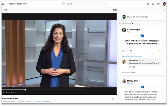 Snimka zaslona s prikazom novih popratnog iskustva u događajima Live u servisu Yammer