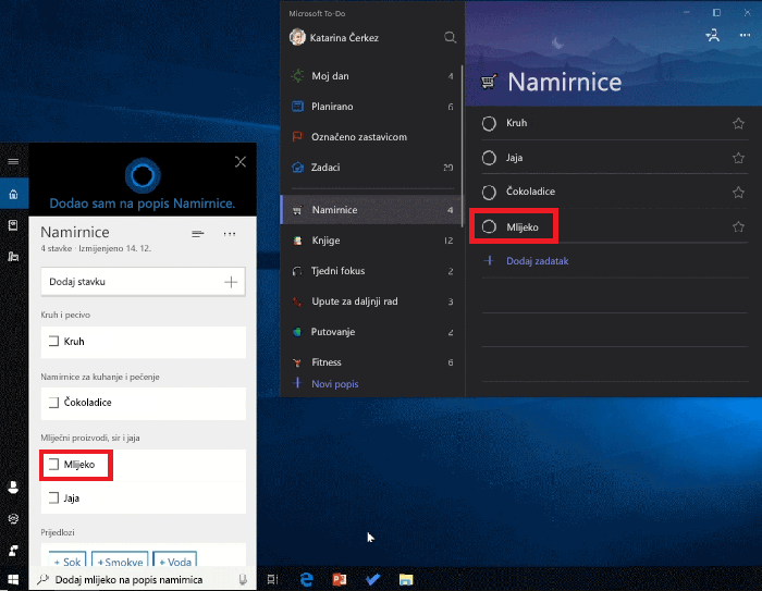 Snimka zaslona na kojoj se prikazuju Cortana i Microsoft to-do Open u sustavu Windows 10. Mlijeko je dodan na popis prehrambenih proizvoda pomoću Cortane, a dostupan je i na popisu namirnica u programu Microsoft to-do