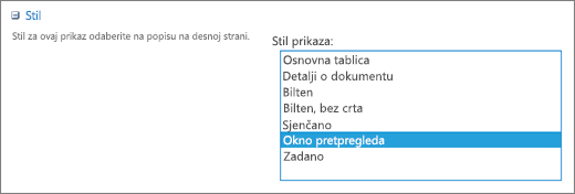 Odabiri stilova na stranici Postavke prikaza