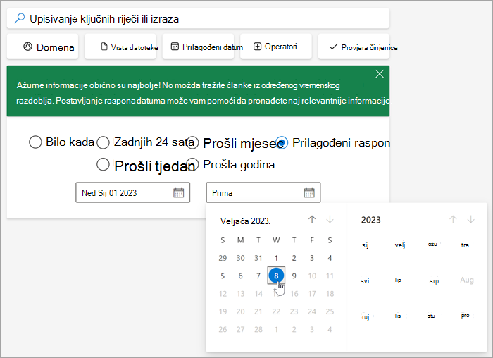 Snimka zaslona alata za odabir datuma nakon odabira prilagođenog raspona