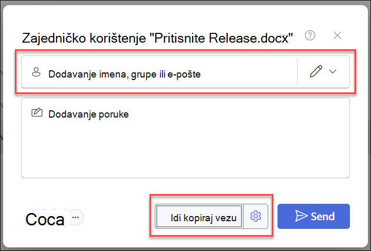 snimka zaslona s dvije mogućnosti zajedničkog korištenja: kopiranje veze i dodavanje osoba.