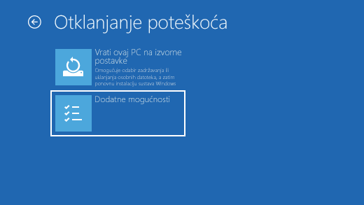 Zaslon otklanjanja poteškoća u okruženju Windows Recovery Environment.