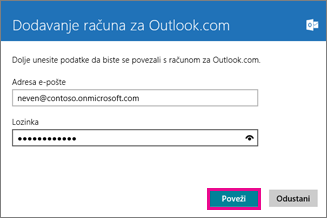 Pošta za Windows 8 – stranica Dodavanje računa za Outlook