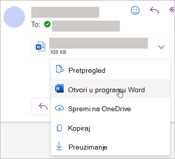 Snimka zaslona s padajućim izbornikom za otvaranje privitka u programu Word