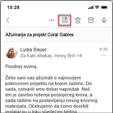 Ikona sažimanja značajke Copilot za sažimanje niti poruka e-pošte u sustavima iOS i Android.