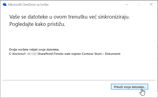 Dijaloški okvir Sinkronizacija servisa OneDrive za tvrtke prikazuje označeni gumb moje datoteke.