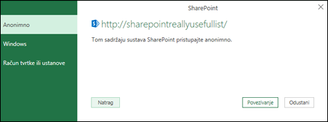 Excel Power Query povezivanje s dijaloškim okvirom popisa Povezivanje sustava SharePoint