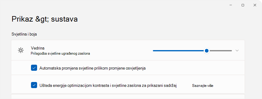 snimka zaslona postavki s prikazom kontrole svjetline.
