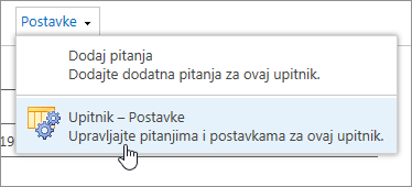 Izbornik s postavkama upitnika s istaknutim postavkama upitnika