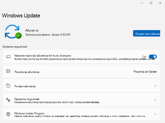 Snimka zaslona s postavkama > Windows Update.