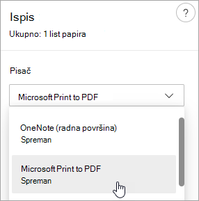 Snimka zaslona na kojoj se prikazuje odabir Microsoft Print to PDF
