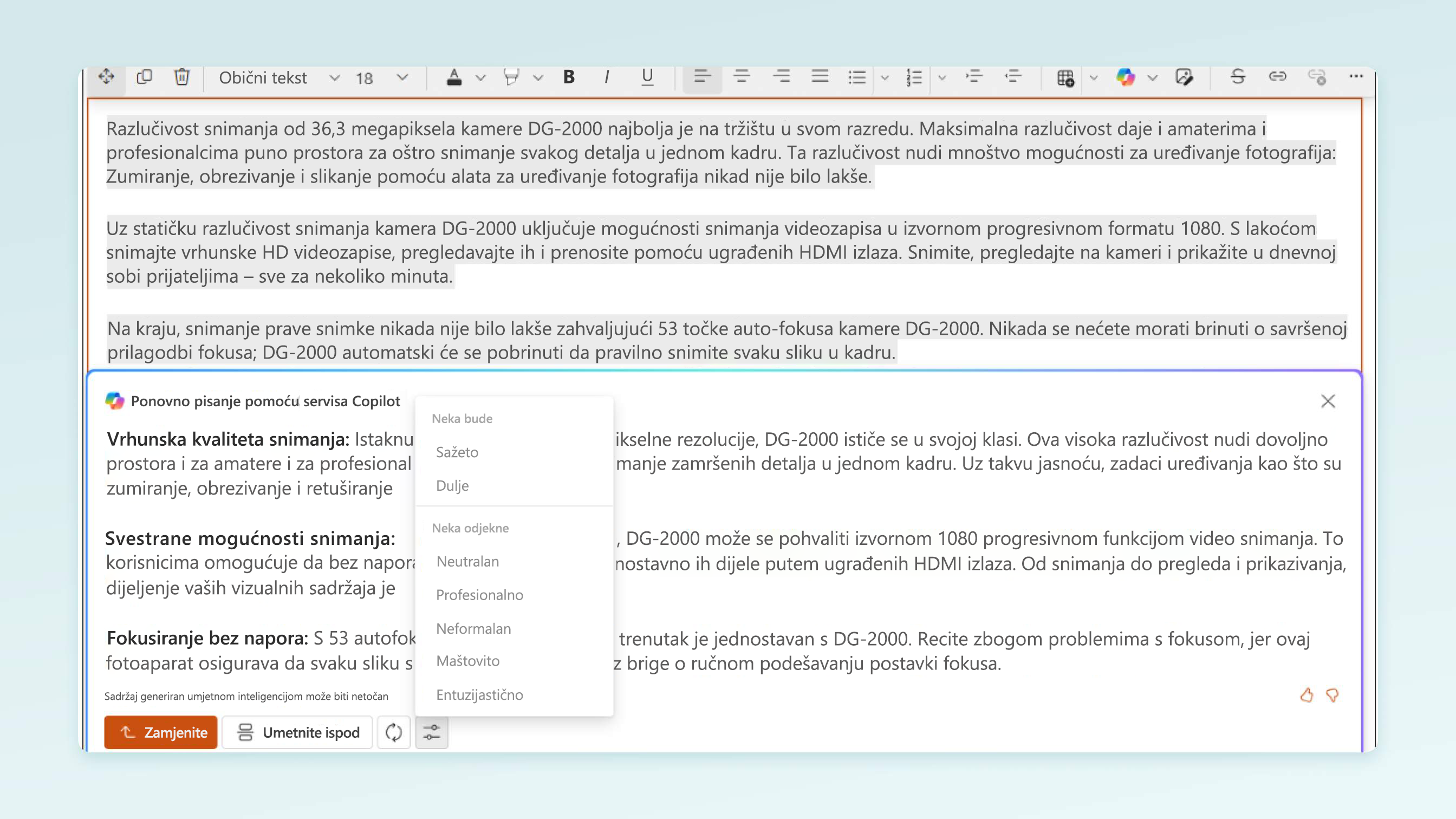 Snimka zaslona za pisanje na odredišnoj stranici s uslugom Copilot u uređivaču obogaćenog teksta sustava SharePoint