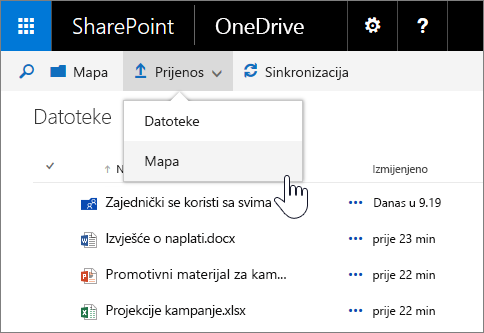 Snimka zaslona prijenosa mape na servis OneDrive za tvrtke u sustavu SharePoint Server 2016 s paketom značajki 1