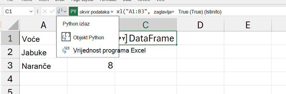 Otvoreni izlazni izbornik pythona u programu Excel.