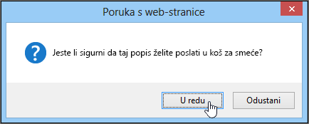 Dijaloški okvir Za potvrdu brisanja popisa s istaknutom u redu