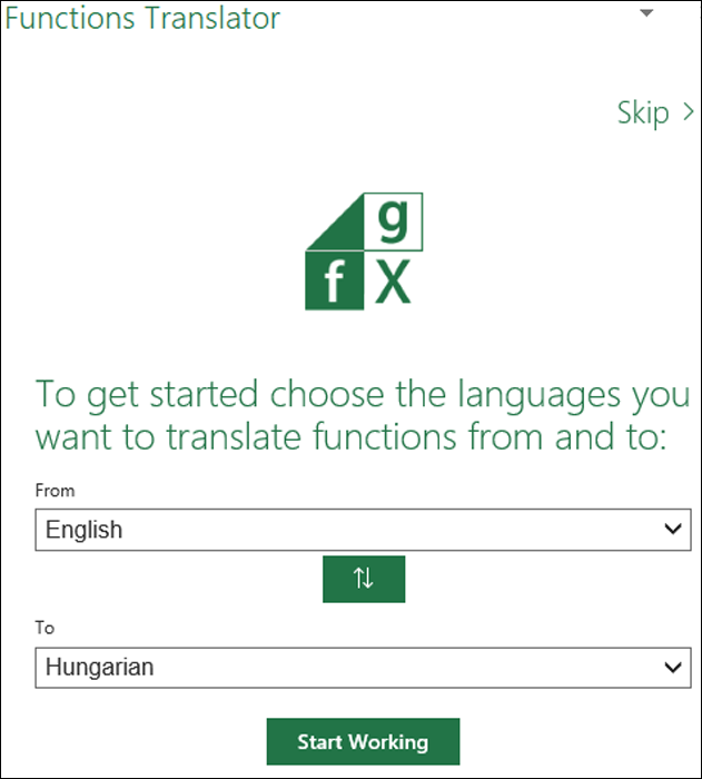 A Functions Translator Language Settings (Nyelvi beállítások) panelje