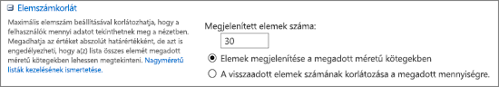A megjelenítendő elemek számának beállítása a Nézet beállításai lapon