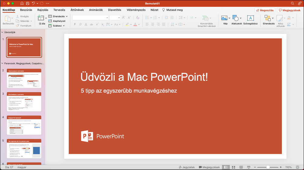 Mac PowerPoint 2021 ablak a megnyitott Bemutató megtekintése sablonnal