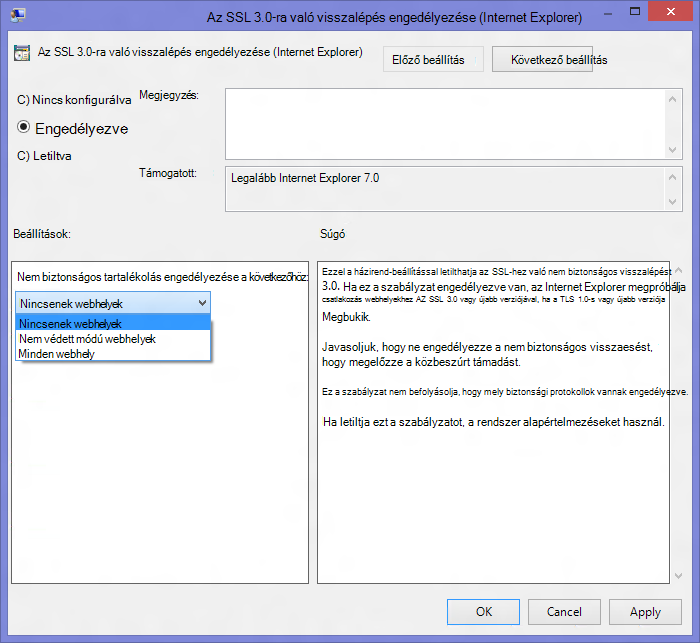 Az SSL 3.0-ra való visszalépés engedélyezése (Internet Explorer) 