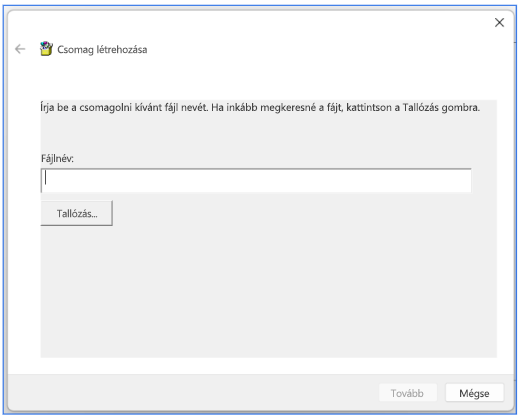 Képernyőkép a "Csomag létrehozása" párbeszédpanelről.