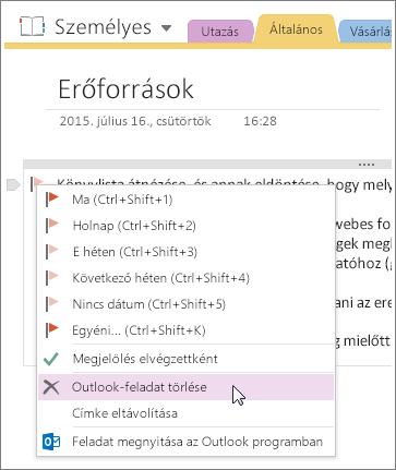 Képernyőkép, mely szemlélteti, hogyan törölhet Outlook-feladatot a OneNote 2016-ban.