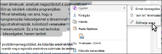 A OneNote-ban kijelölt szöveg. Megjelenik a helyi menü, amelyen a „Copilot” ki van jelölve, és az almenüben az „Átírás” lehetőség van kiválasztva.