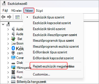 Képernyőkép a Eszközkezelő ablakról, amelyen a menü menüszalagján a Nézet lehetőség van kiválasztva, és a Rejtett eszközök megjelenítése lehetőség pirossal van kiemelve.