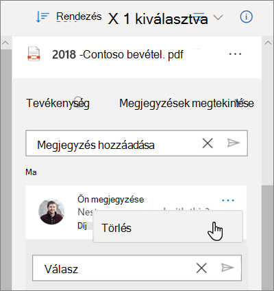 A OneDrive részletek ablaktáblája, amelyen a megjegyzések egy megosztott fájlon maradnak, és a megjegyzéshez kiválasztott törlés lehetőség