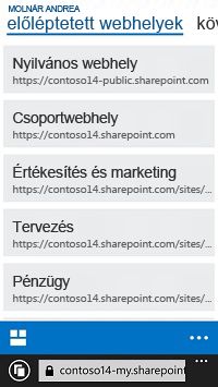 A SharePoint Online „Előléptetett webhelyek” listája mobileszközön