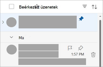 Képernyőkép az üzenetlistáról, felül egy rögzített üzenettel és egy nem rögzített üzenettel a Mai e-mail csoportban