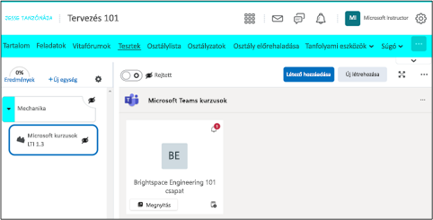 Képernyőkép egy D2L Brightspace-tanfolyamról, kiemelve a Microsoft-osztályok funkciót.