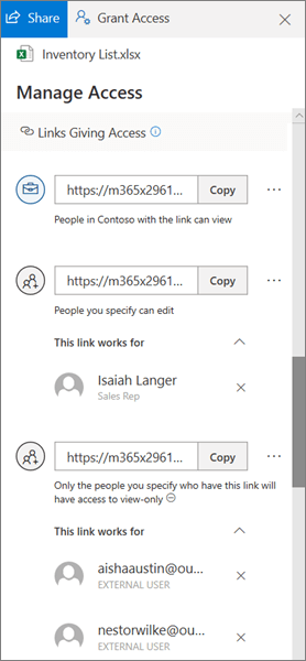 The Links giving Access section of the Manage Access pane in OneDrive Vállalati verzió