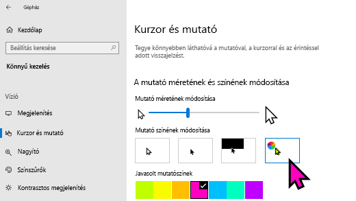 Mutató méretének és színének módosítása a Windows 10 Gépház alkalmazásában