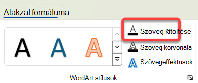 A WordArt színének módosításához jelölje ki, majd az Alakzatformátum lapon válassza a Szövegkitöltés lehetőséget.