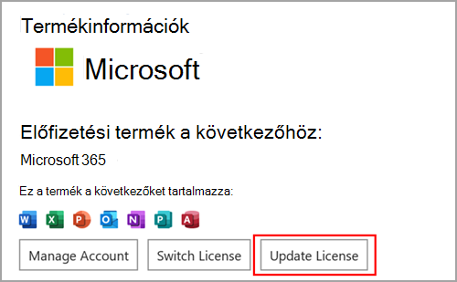 A Licenc frissítése gomb keresése a Microsoft Word-ben Windows rendszeren.