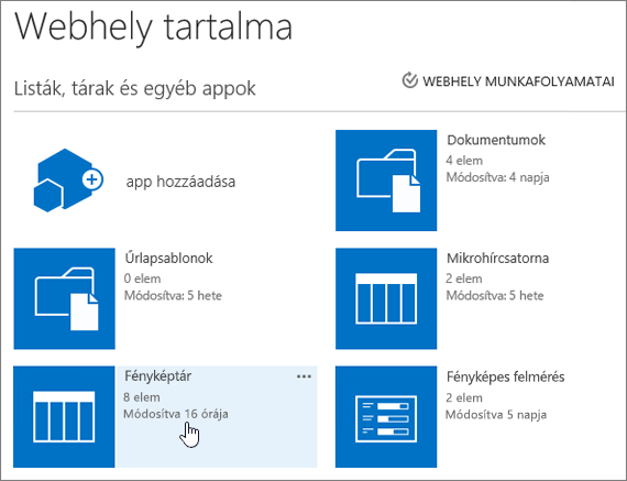 A Webhely tartalma lap egy kijelölt listával