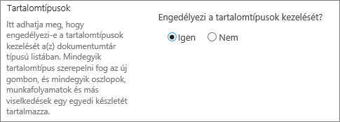 A Tartalomtípusok kezelésének engedélyezése gomb a Speciális beállítás alatt