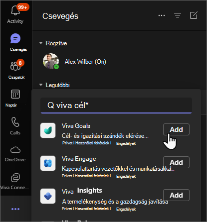 Képernyőkép a Teamsről, amelyen a három pont van kijelölve, és Viva Goals begépelve a keresősávba.